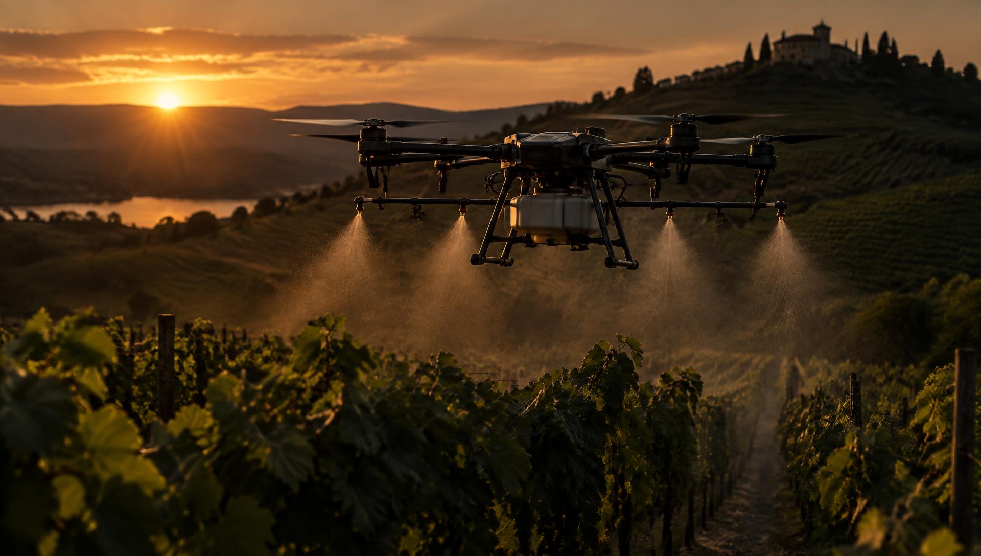 Drone in volo sopra un campo al crepuscolo