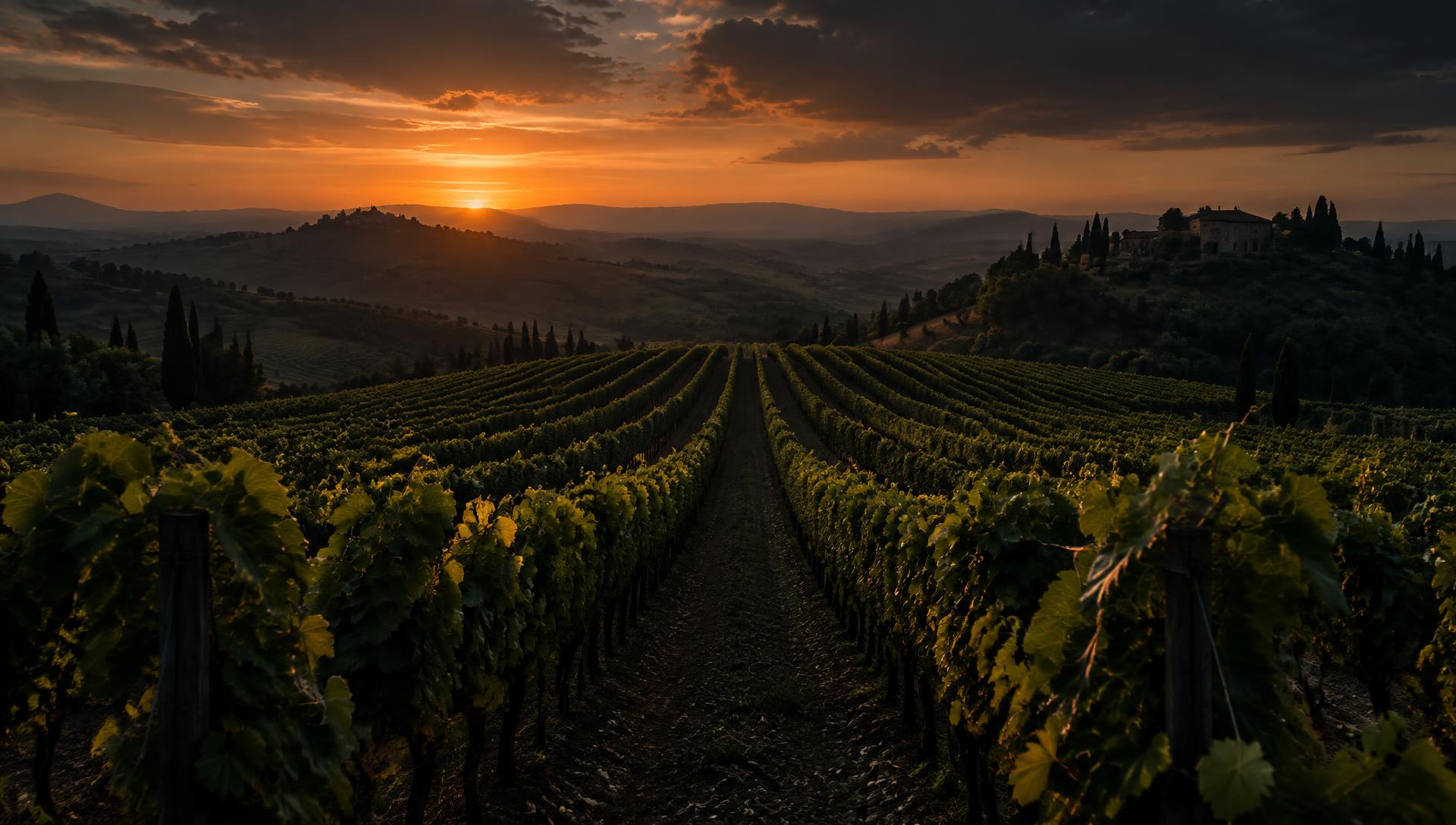 Filari di un vigneto italiano al tramonto con un drone agricolo in volo