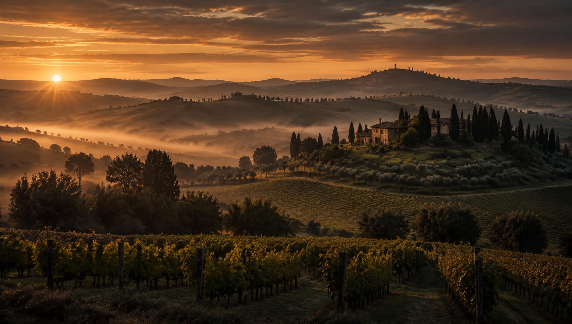 Paesaggio agricolo italiano all'alba