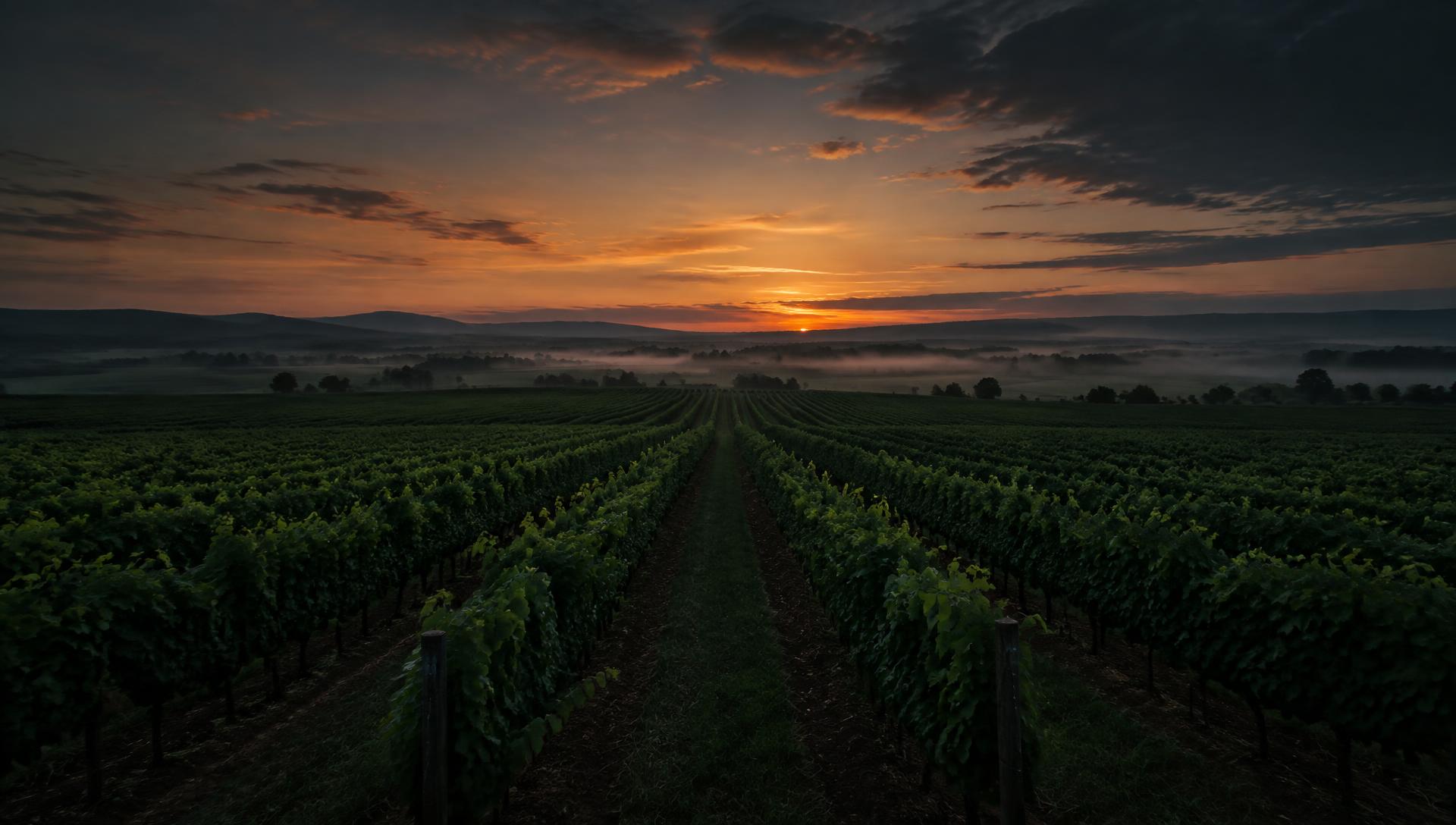 Filari di un vigneto al crepuscolo con robot agricolo autonomo al lavoro